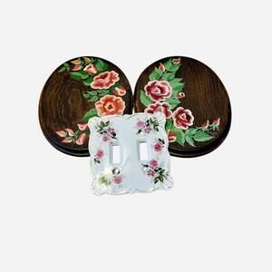 Vintage Lefton switch plate and wood hand painted floral wall hangings
